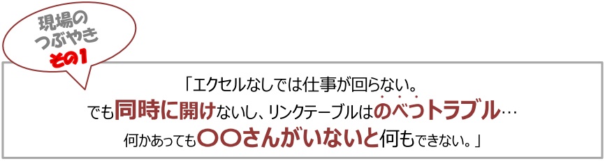 <h4>「 エクセルなしでは仕事が回らない。 でも<font color="#ff0000"><b>同時に開けないし</b></font color>、リンクテーブルは<font color="#ff0000"><b>のべつトラブル、</b></font color> 何かあっても<font color="#ff0000"><b>〇〇さんがいないと</b></font color>何もできない...」</h4>