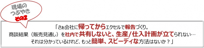 現場のつぶやき②「さぁ会社に帰ってからエクセルで報告づくり。商談結果（販売見通し）を社内で共有しないと、生産/仕入計画が立てられない…それは分かっているけれど、もっと簡単、スピーディな方法はないか？」
